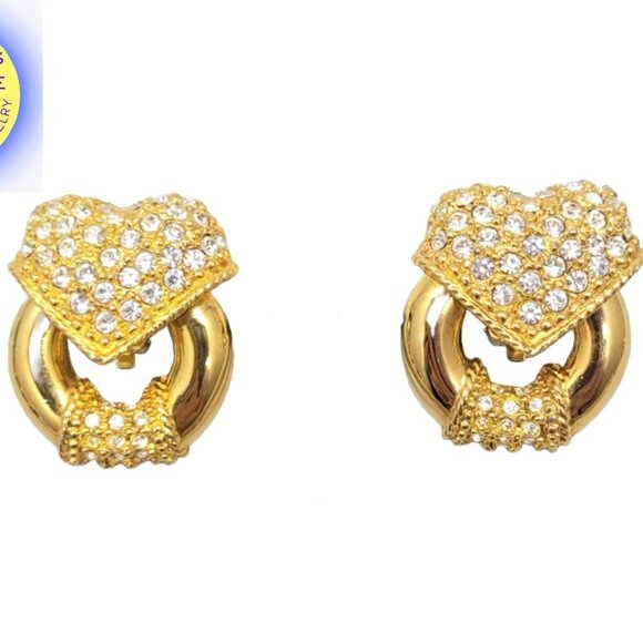 Vintage Signed Escada Goldtone Rhinestone Heart Doorknocker Clip Earrings